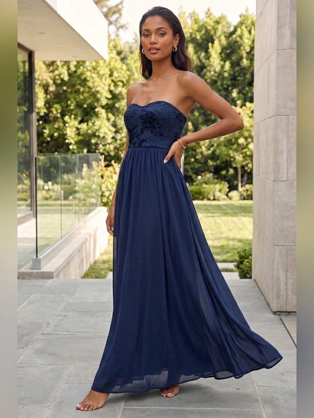 NWT Lulus Navy Blue Strapless Sweet Heart Maxi Formal Bridesmaid Dress Women’s S